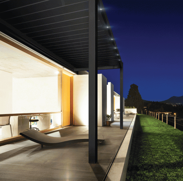 Bask Wall series 2 leg louvre roof with integrated LED lights for stunning affect at night