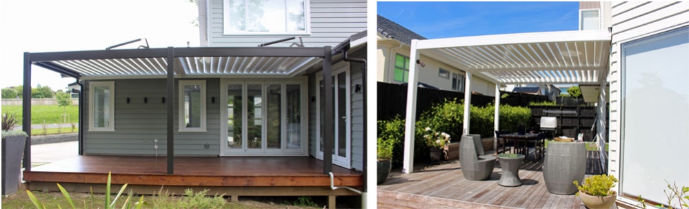Twin bay Bask louvre roof fitted on large outdoor decks NZ
